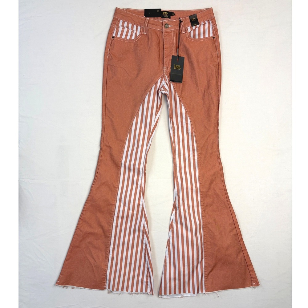 L&B Lucky & Blessed Peach Stripe Flare Jeans‎ High Rise Bell Bottoms NWT Size 10